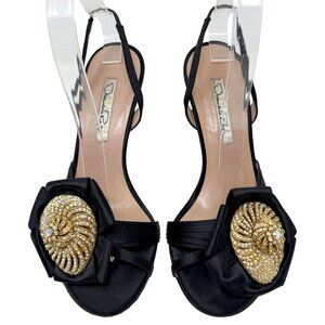 Oscar de la Renta Black Satin Crystal‎ Bow Slingback Heels 36.5